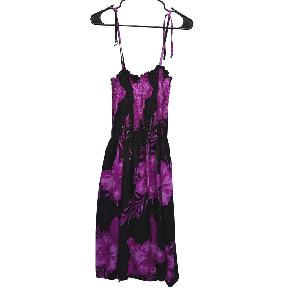 Hibiscus Collection Hawaii Purple Floral Smocked Rayon Midi Dress Tie Straps